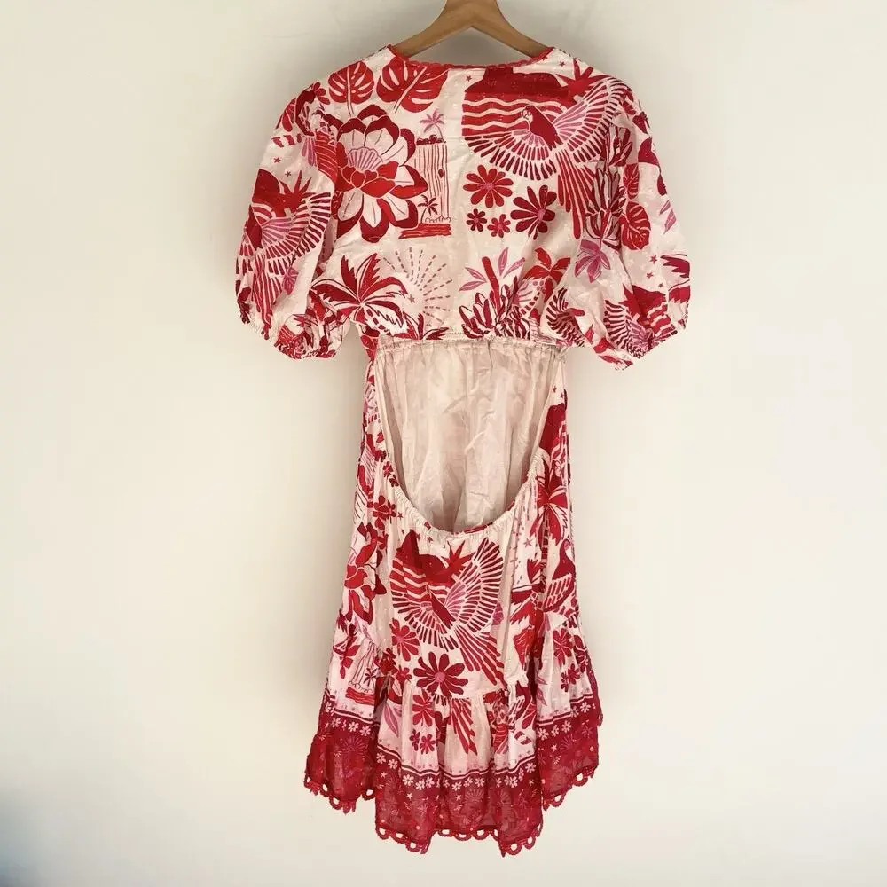 Farm Rio Tiles Red Floral Puff Sleeve Open Back Cotton Mini Sundress Size XL - Picture 5 of 5